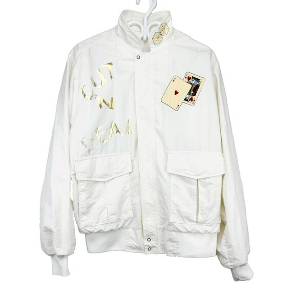 HARTWELL 90’s VTG White Bomber Gambling Jacket with Gold Accents sz M - Picture 3 of 15